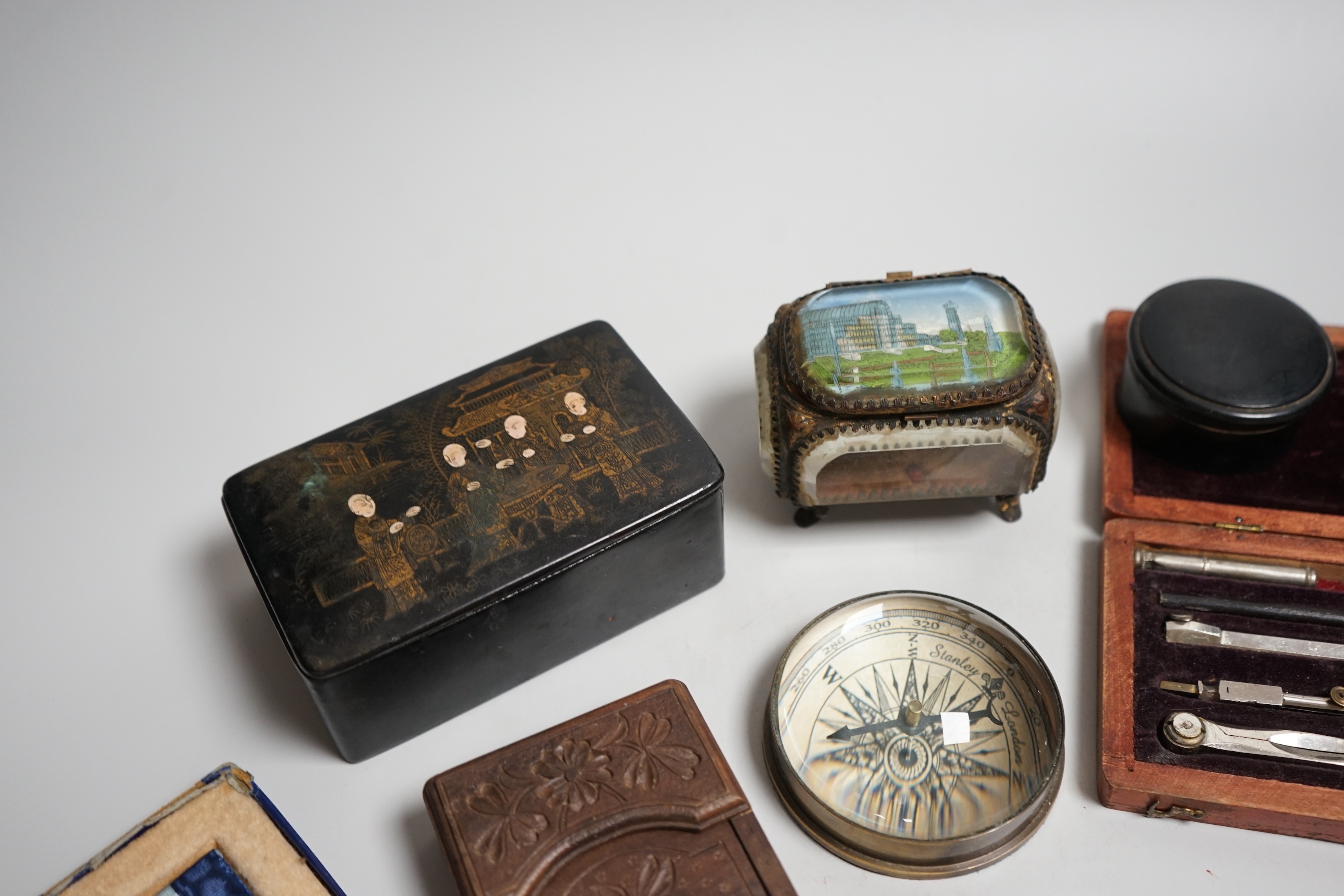 Mixed collectables: Stanley compass paperweight, a cranberry pot, a Great Exhibition souvenir casket, etc